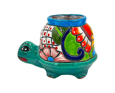 Mexican Talavera Corona Turtle Planter Pot Hand Painted - Light Blue & Metallic Green Body